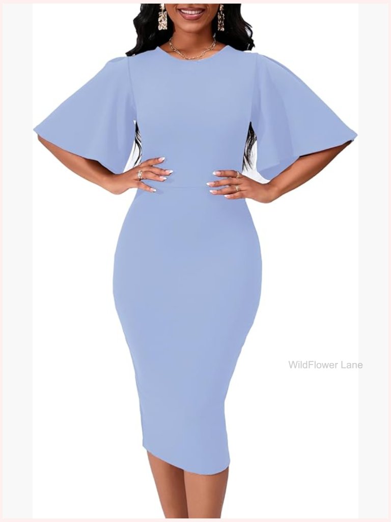 Bodycon Ruffle Flared Short Sleeve Pencil Midi Dress